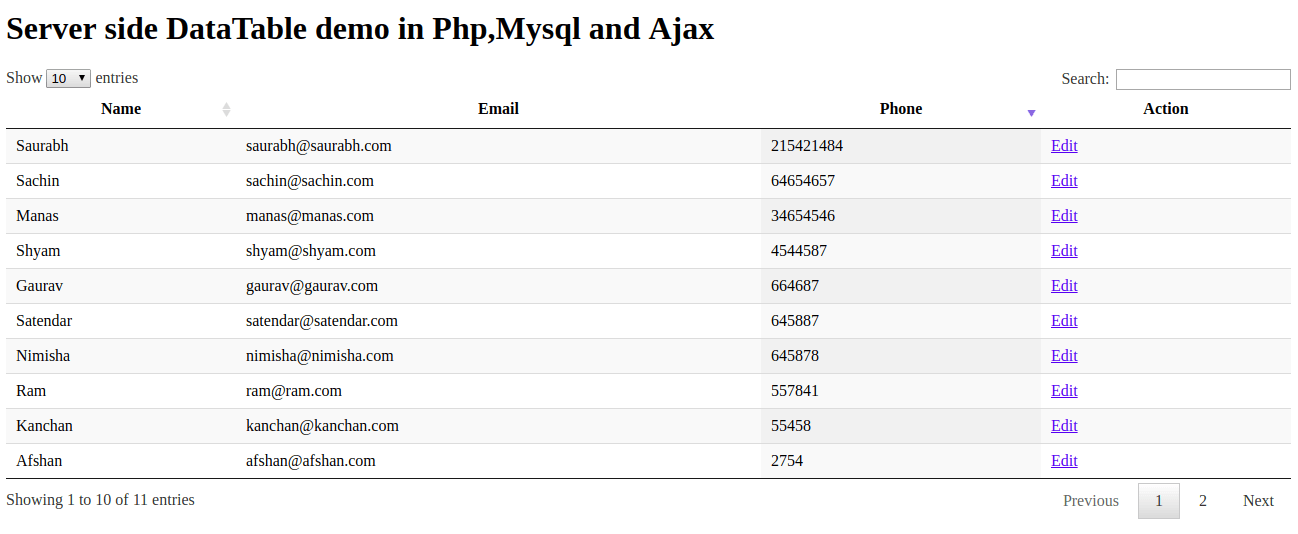 Server side DataTable Example